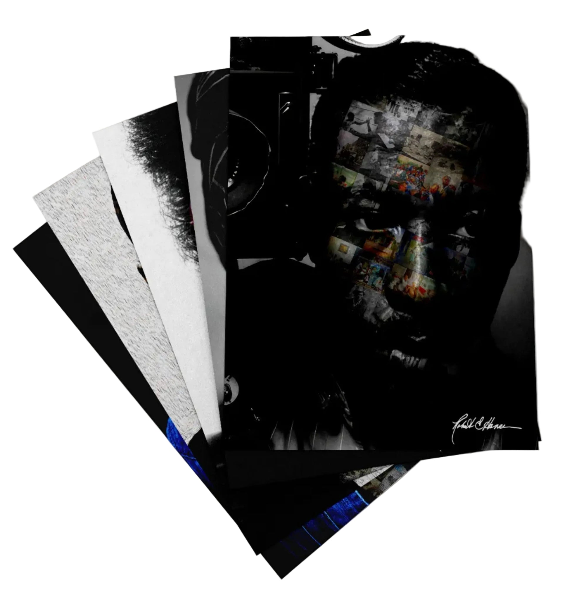 A fan of printed art cards or posters fanned out on a plain white background. The top card features a black-and-white portrait of Gordon Parks with colorful graffiti-like accents, while the cards beneath show black, white, and gray textured designs.